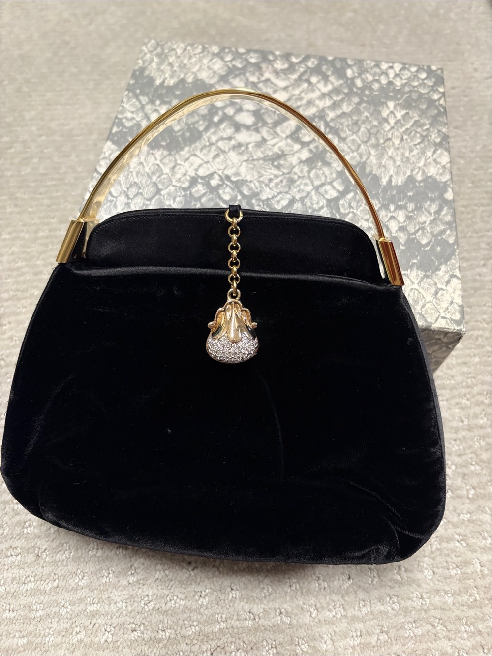 Vintage Judith Leiber Black Velvet Evening Top-Handle Bag with Gold Accent